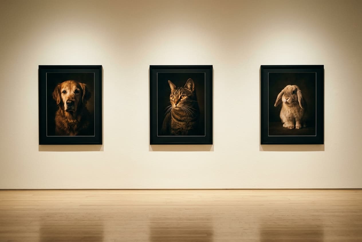 Gerahmte Fine-Art-Tierportraits an einer hellen Galeriewand